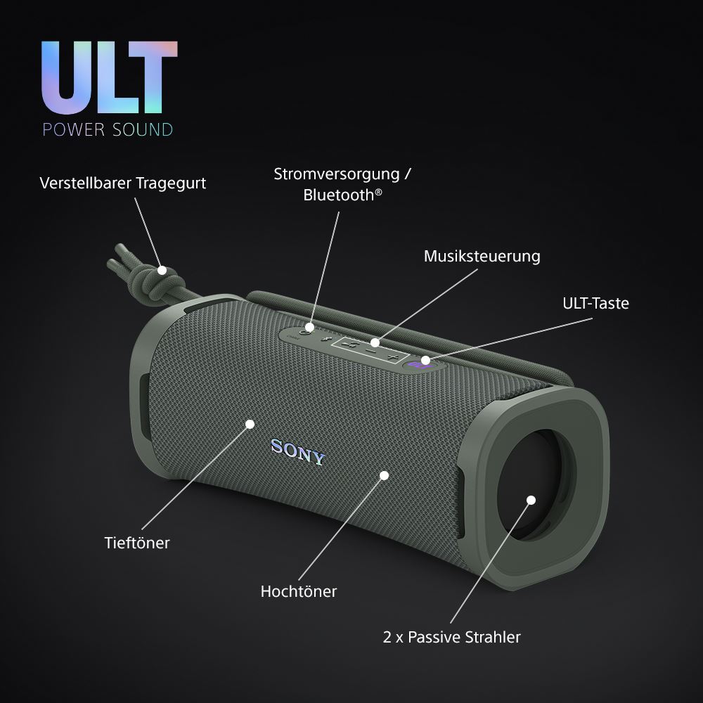 Sony ULT FIELD 1 - Kabelloser tragbarer Bluetooth-Lautsprecher mit ULT POWER SOUND, kraftvollem Bass, IP67, wasserdicht, staubdicht, schwarz