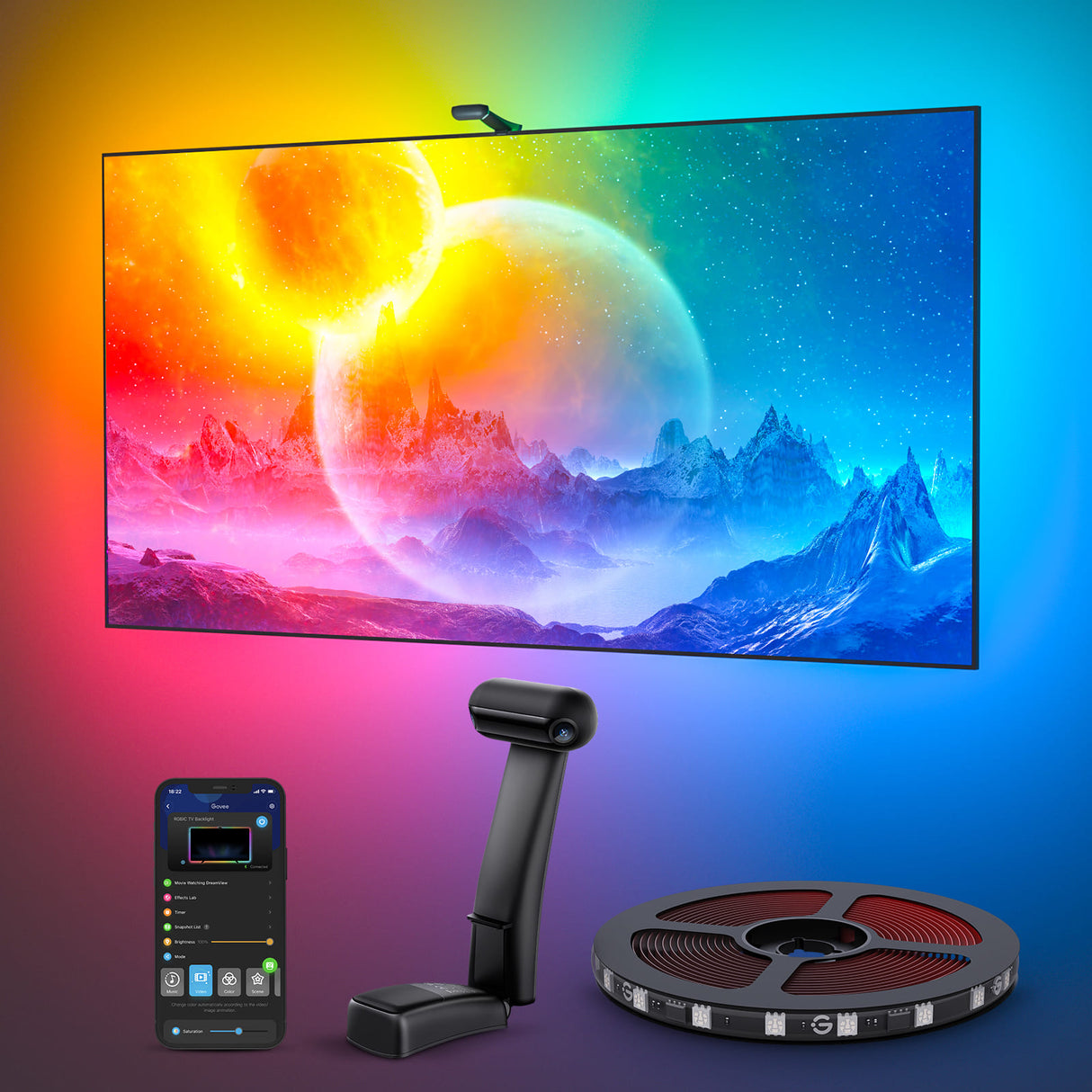 Govee Envisual TV-Hintergrundbeleuchtung T2 RGBIC-Lichter mit Dual-Kamera für 55-65 Zoll Fernseher