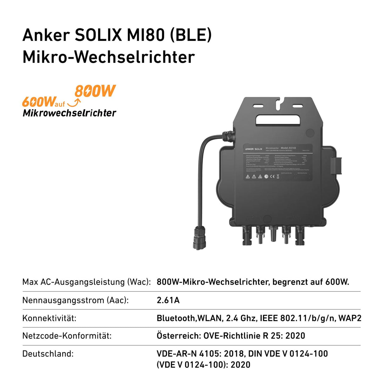 Anker SOLIX MI80 Mikro-Wechselrichter 800 W mit 5 m Schuko-Kabel