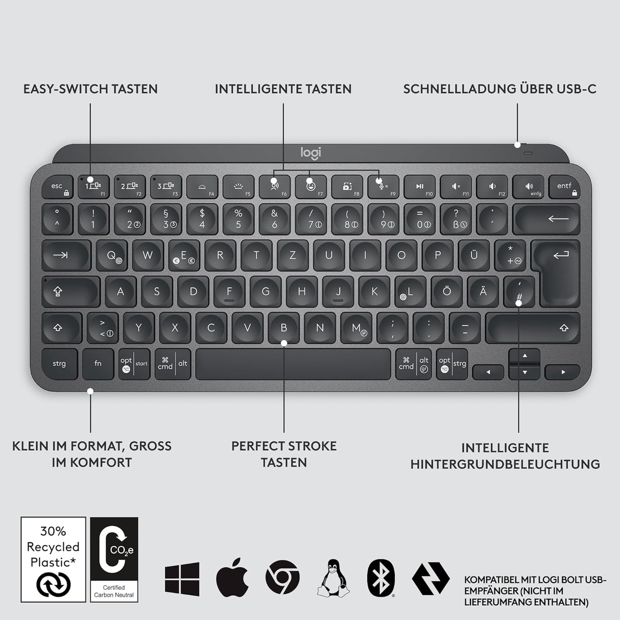 Logitech Tastatur MX Keys Mini kabellos grau