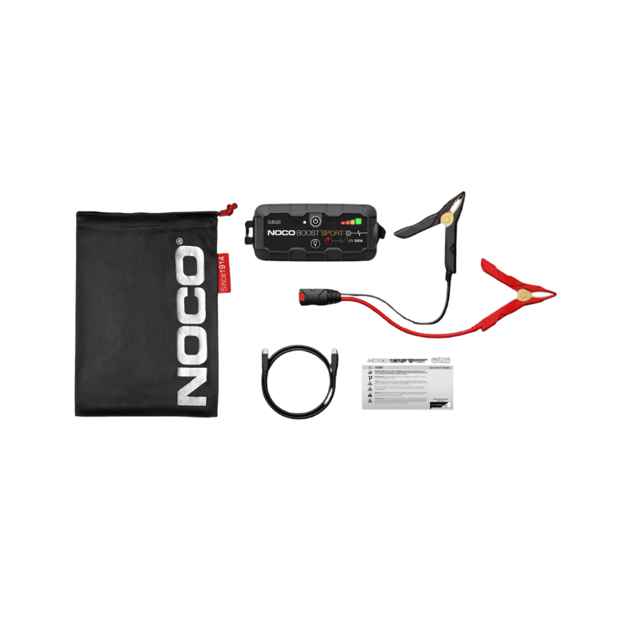 NOCO BOOST Sport GB20 Lieferumfang mit 12V Starthilfe, Batterieklemmen, Aufbewahrungstasche, USB-Kabel und Anleitung