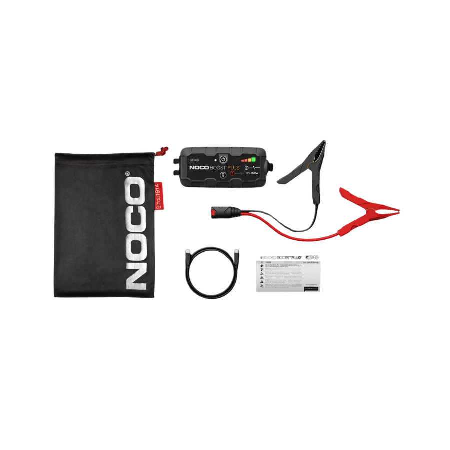 NOCO BOOST Plus GB40 Lieferumfang mit Starthilfe, Aufbewahrungstasche, Batterieklemmen, USB-Kabel und Anleitung