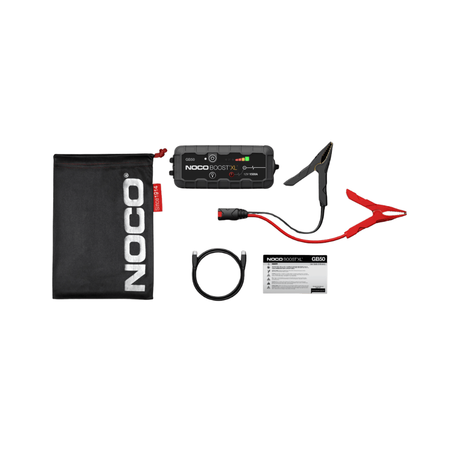 NOCO BOOST XL GB50 12V Starthilfe mit 1500 A, Aufbewahrungstasche, Batterieklemmen, USB-Kabel und Anleitung