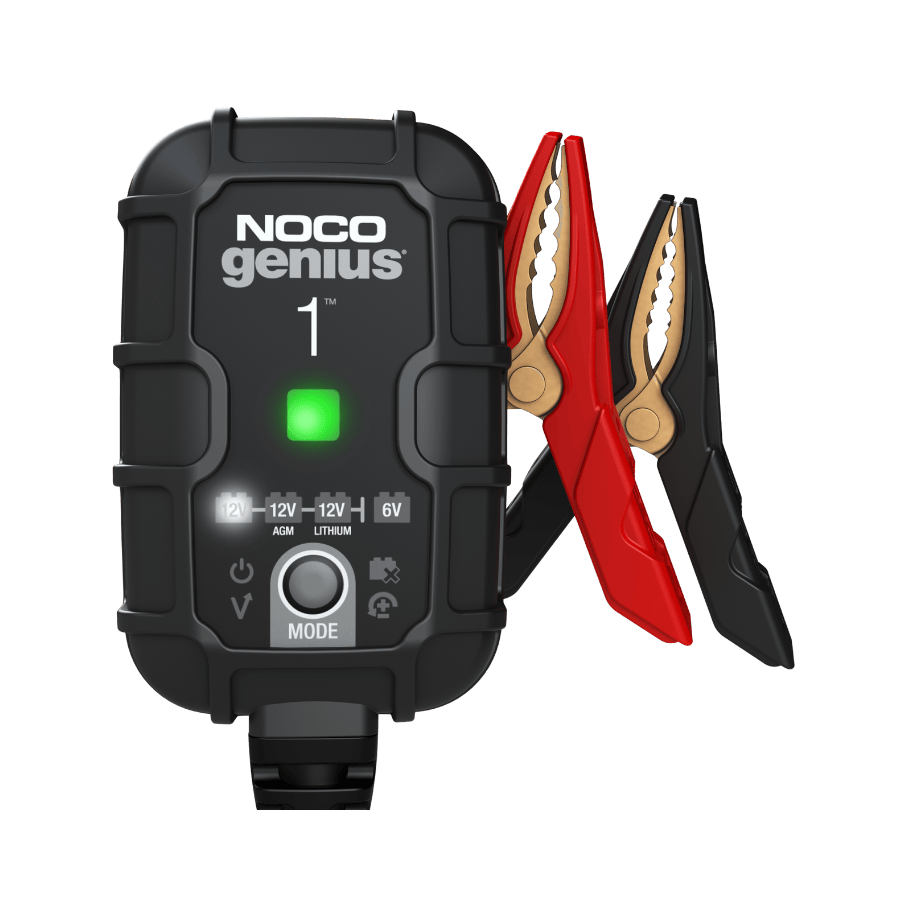 NOCO Genius1 1A Batterieladegerät mit roten und schwarzen Batterieklemmen