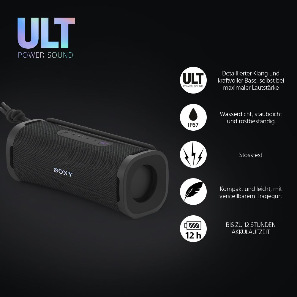 Sony ULT FIELD 1 - Kabelloser tragbarer Bluetooth-Lautsprecher mit ULT POWER SOUND, kraftvollem Bass, IP67, wasserdicht, staubdicht, schwarz