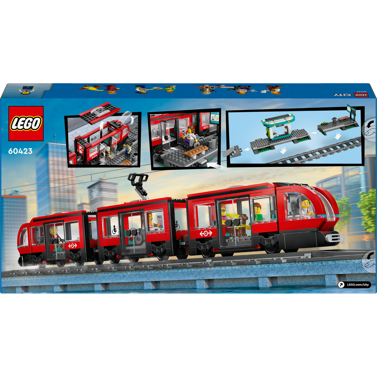 LEGO City 60423 rote Straßenbahn mit Haltestelle und Schienenelementen