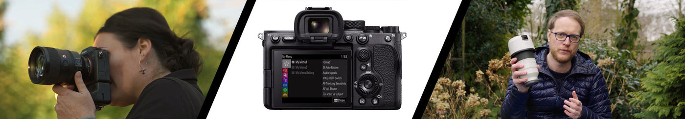 Alpha Academy Banner mit Fotografin, Systemkamera und Fotograf mit Teleobjektiv für Fotografie-Workshops