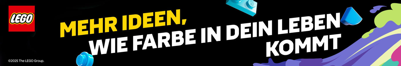 LEGO Banner mit bunten Bausteinen und dem Schriftzug „Mehr Ideen, wie Farbe in dein Leben kommt“