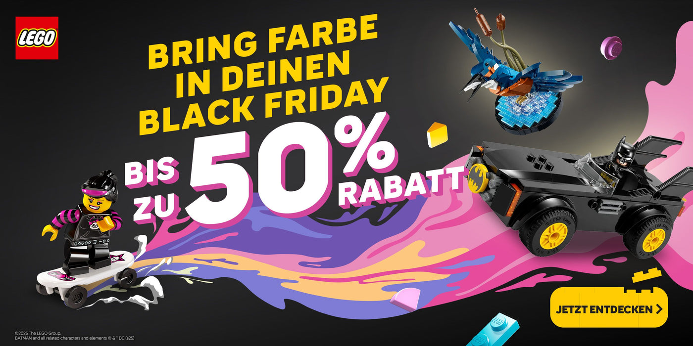 LEGO Black Friday Banner mit bis zu 50 % Rabatt, Skateboard-Minifigur, Batman Fahrzeug und bunten LEGO Sets
