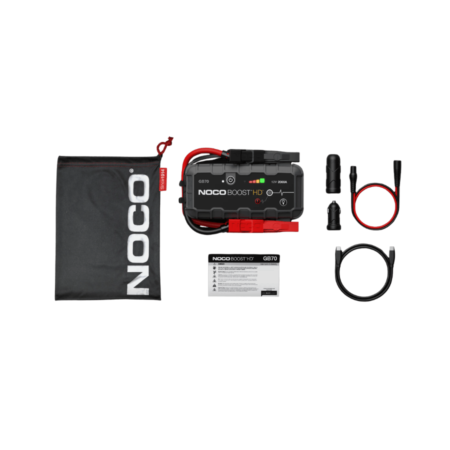 NOCO BOOST HD GB70 Lieferumfang mit Starthilfe, Aufbewahrungstasche, Anschlusskabeln, Adaptern und Anleitung