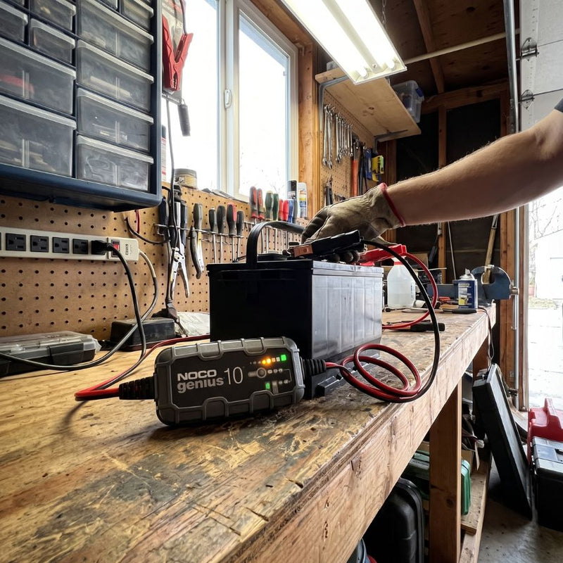 NOCO Genius10 Batterieladegerät beim Laden einer Fahrzeugbatterie auf einer Werkbank