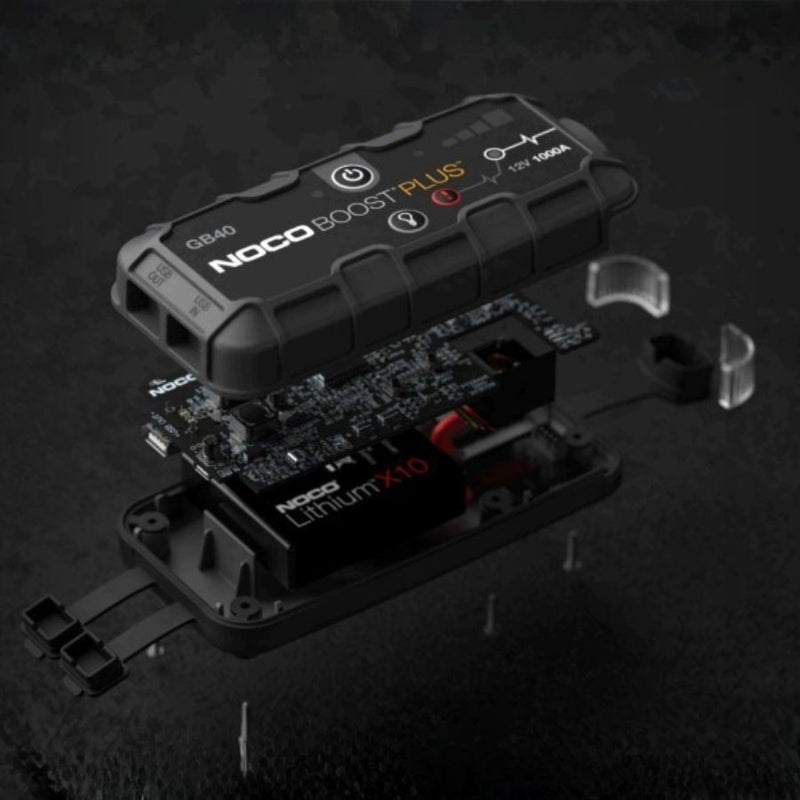 NOCO BOOST Plus GB40 Starthilfe mit Explosionsdarstellung der internen Elektronik und Lithium-Batterie