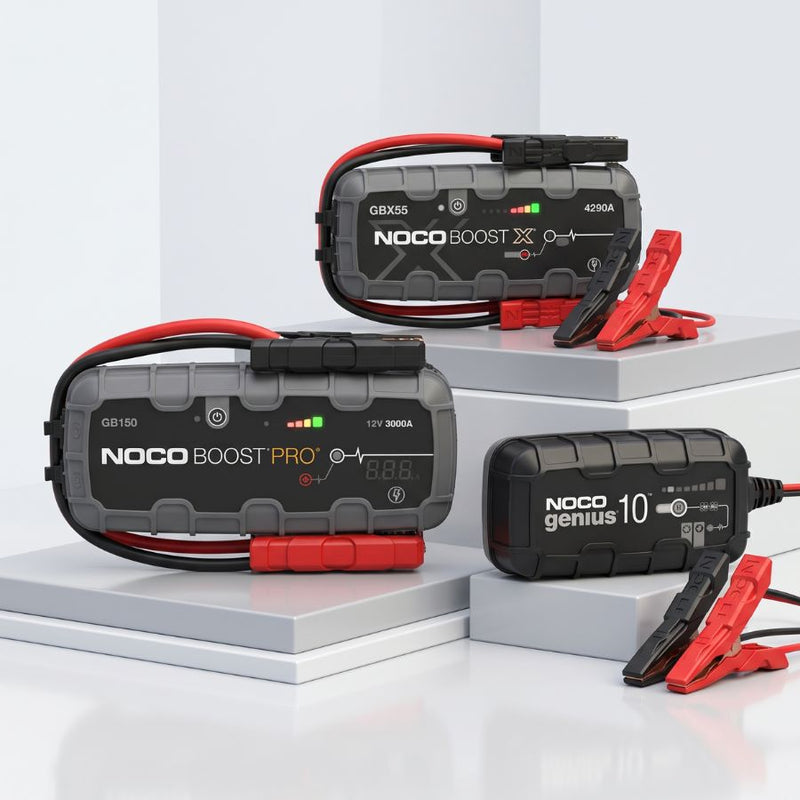 NOCO BOOST X GBX55, BOOST PRO GB150 und Genius10 Ladegerät mit Starthilfekabeln